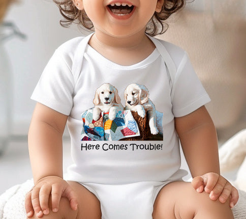 HERE COMES TROUBLE Baby Onesie – Adorable Infant Bodysuit